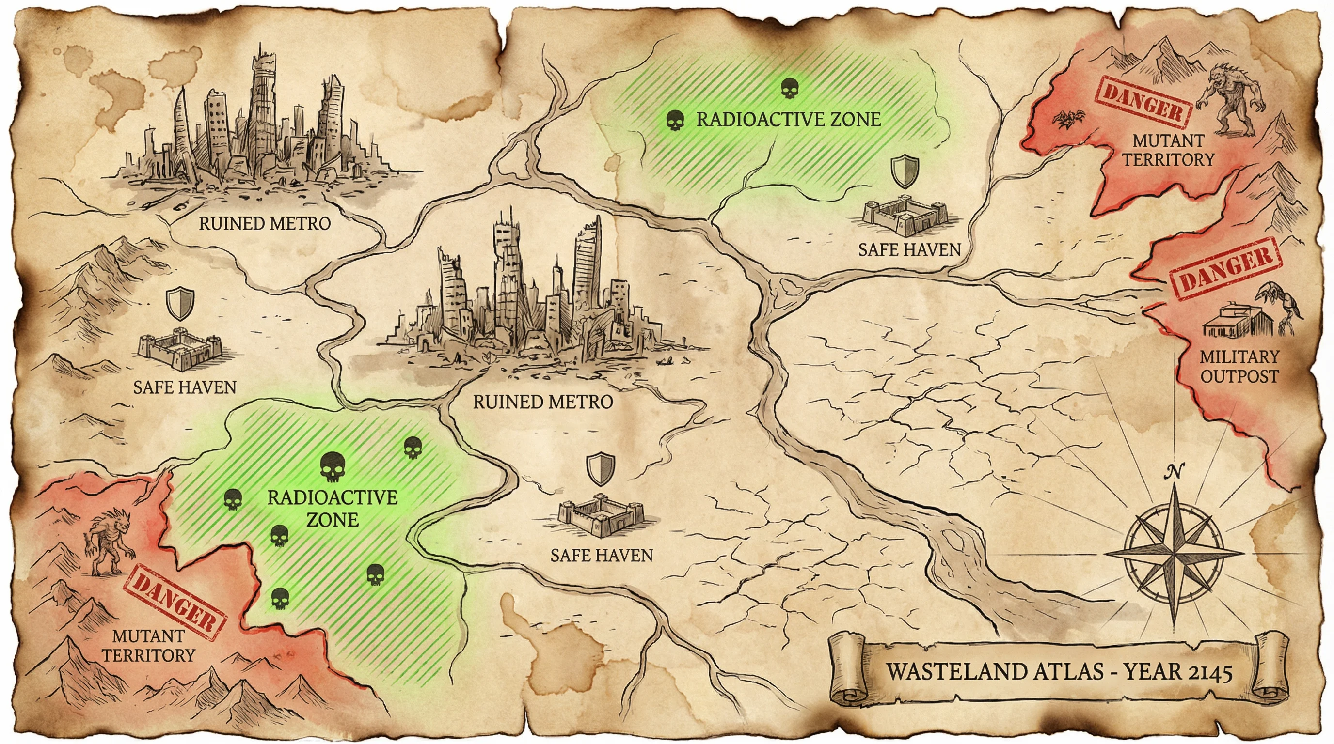 废土世界地图导览，标注了 pg导航 探索区域、安全屋和危险区